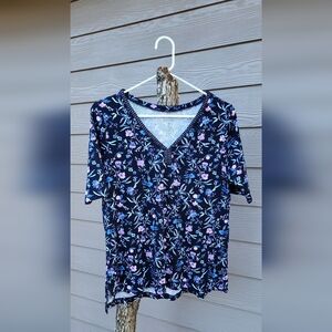 croft & barrow Black Top with Pink & Blue Floral Print